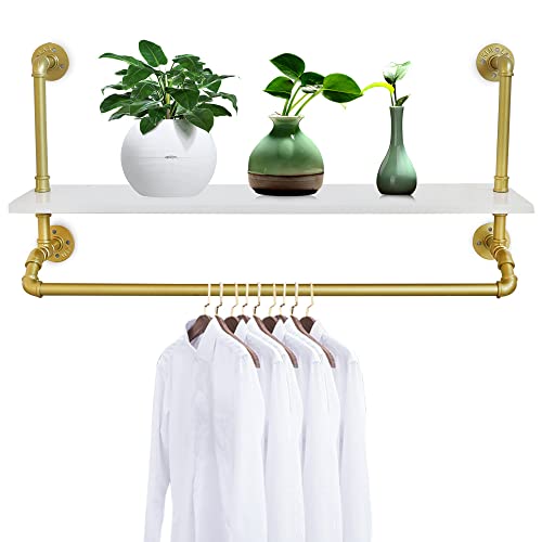 Wall-Mounted Garment Rack ,Modern Simple Clothing Store Heavy Metal Display Stand Garment Bar,Clothes Rail,Bathroom Hanging Towel Rack,Multi-purpose Hanging Rod for Closet Storage (Gold Square Tube W/Shelf ,39.37"L)