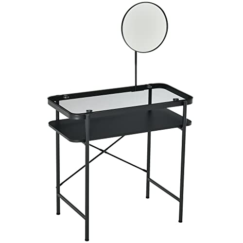 HOMCOM Modern Glasstop Vanity Table with Mirror, Makeup Dressing Table with Rotating Round Mirror, Shelves for Perfumes, Cosmetics, Lotions, Black