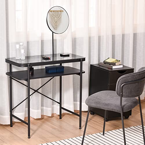 HOMCOM Modern Glasstop Vanity Table with Mirror, Makeup Dressing Table with Rotating Round Mirror, Shelves for Perfumes, Cosmetics, Lotions, Black