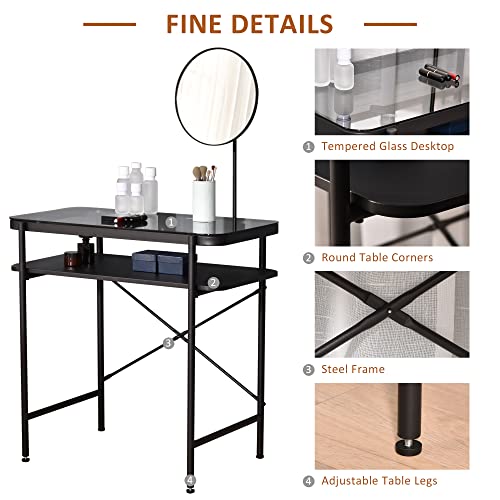 HOMCOM Modern Glasstop Vanity Table with Mirror, Makeup Dressing Table with Rotating Round Mirror, Shelves for Perfumes, Cosmetics, Lotions, Black
