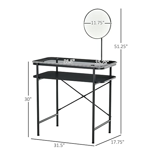 HOMCOM Modern Glasstop Vanity Table with Mirror, Makeup Dressing Table with Rotating Round Mirror, Shelves for Perfumes, Cosmetics, Lotions, Black