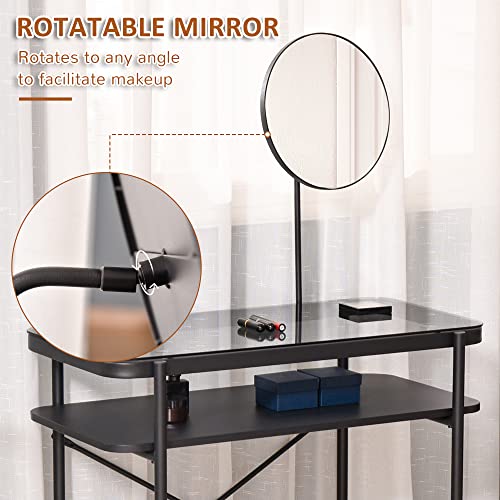 HOMCOM Modern Glasstop Vanity Table with Mirror, Makeup Dressing Table with Rotating Round Mirror, Shelves for Perfumes, Cosmetics, Lotions, Black