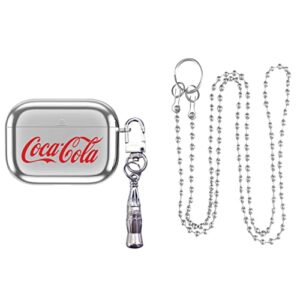 Soft TPU Silver Electroplating Case with Coke Bottle Charm and Keychain Necklace for Apple AirPods 3 AirPods3 2021 Latest Model Red Logo Drink Cool Modern Creative Girls Boys Men