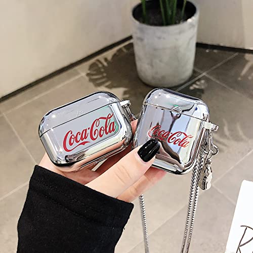 Soft TPU Silver Electroplating Case with Coke Bottle Charm and Keychain Necklace for Apple AirPods 3 AirPods3 2021 Latest Model Red Logo Drink Cool Modern Creative Girls Boys Men