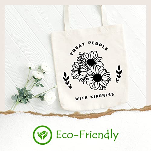 SAUIVD Treat People With Kindness Canvas Tote Bags Gift Sunflower Cotton Shopping Bags Reusable Washable