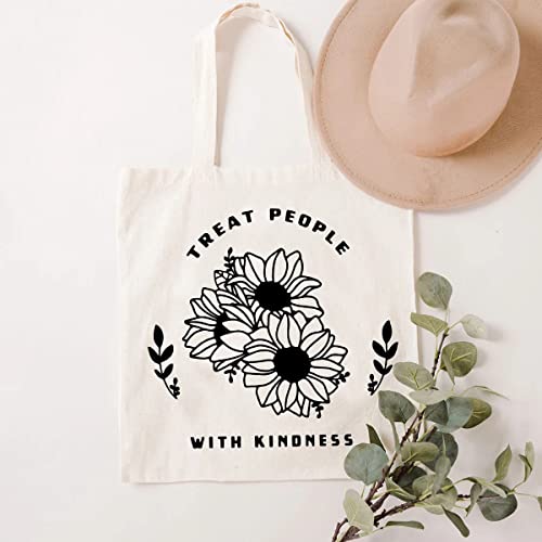 SAUIVD Treat People With Kindness Canvas Tote Bags Gift Sunflower Cotton Shopping Bags Reusable Washable