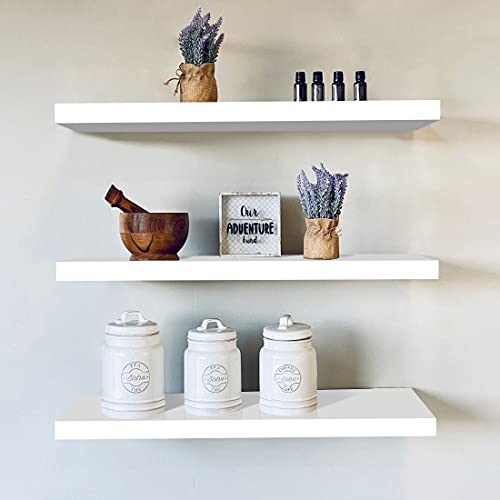 Tiasott White Floating Wall Shelves,Storage Shelves for Wall,Wood Wall Mounted Shelves,Display Ledge Shelves,Home Decor Storage Organiser for Bedroom,Living Room,Office,3 Pack