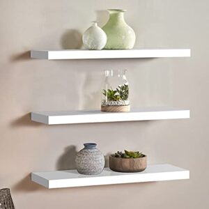 Tiasott White Floating Wall Shelves,Storage Shelves for Wall,Wood Wall Mounted Shelves,Display Ledge Shelves,Home Decor Storage Organiser for Bedroom,Living Room,Office,3 Pack