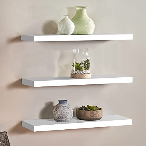 Tiasott White Floating Wall Shelves,Storage Shelves for Wall,Wood Wall Mounted Shelves,Display Ledge Shelves,Home Decor Storage Organiser for Bedroom,Living Room,Office,3 Pack