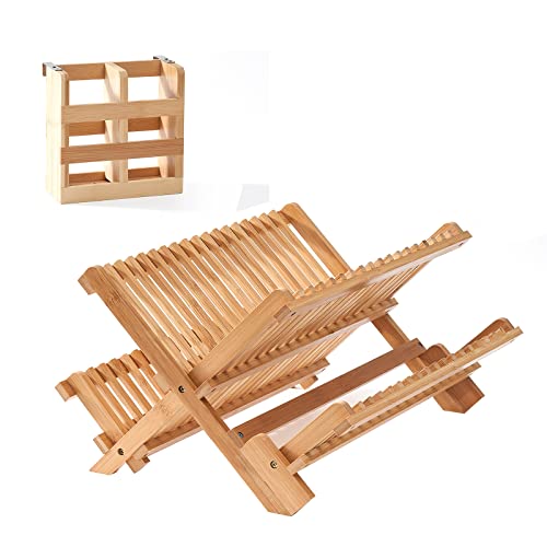 APTWOW Bamboo Dish Drying Rack with Utensil Holder, 3 Tier Collapsible Wooden Dish Drying Rack, Large Widening Bamboo Drying Rack for Kitchen Counter