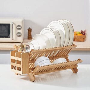 APTWOW Bamboo Dish Drying Rack with Utensil Holder, 3 Tier Collapsible Wooden Dish Drying Rack, Large Widening Bamboo Drying Rack for Kitchen Counter