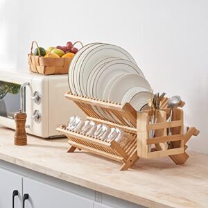 APTWOW Bamboo Dish Drying Rack with Utensil Holder, 3 Tier Collapsible Wooden Dish Drying Rack, Large Widening Bamboo Drying Rack for Kitchen Counter