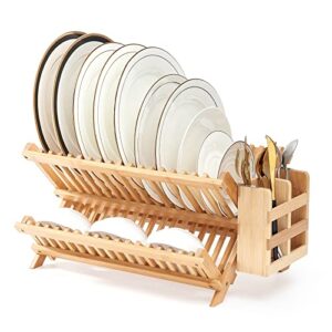 APTWOW Bamboo Dish Drying Rack with Utensil Holder, 3 Tier Collapsible Wooden Dish Drying Rack, Large Widening Bamboo Drying Rack for Kitchen Counter