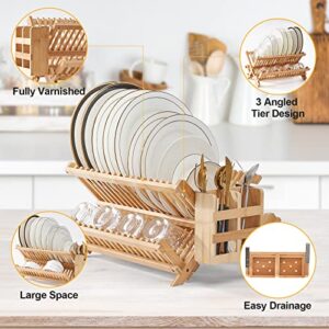 APTWOW Bamboo Dish Drying Rack with Utensil Holder, 3 Tier Collapsible Wooden Dish Drying Rack, Large Widening Bamboo Drying Rack for Kitchen Counter