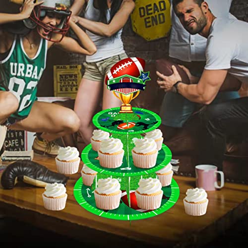 MCOOLARS Football Cupcake Stand - Football Themed Party Decorations Supplies - 3-Tier Cupcake Cardboard Table for Kids Boys Teenagers Sport Party Supplies, Green
