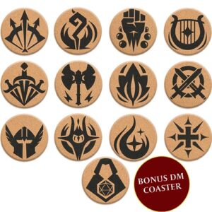hq cork dnd coasters - set of 12 class +1 dm icon coasters - great nerdy gift for d&d players, gamers, dm, men or women- dungeons & dragons accessories for home decor, mugs, drinks, table decoration