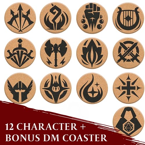 HQ Cork DND Coasters - Set of 12 Class +1 DM Icon Coasters - Great Nerdy Gift for D&D Players, Gamers, DM, Men or Women- Dungeons & Dragons Accessories for Home Decor, Mugs, Drinks, Table Decoration