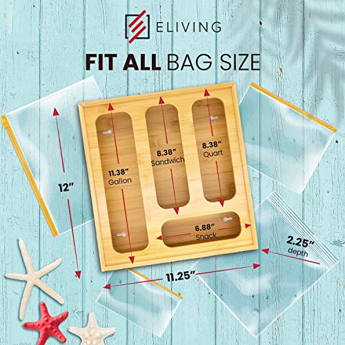 Bamboo Ziplock Bag Storage Organizer for Kitchen Drawer or Wall - Food Storage Bag Organizer Dispenser Compatible with Ziploc Hefty Glad for Gallon Quart Sandwich and Snack Variety Size Bags