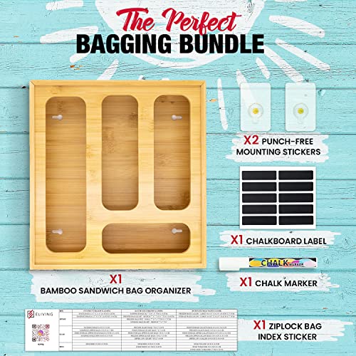 Bamboo Ziplock Bag Storage Organizer for Kitchen Drawer or Wall - Food Storage Bag Organizer Dispenser Compatible with Ziploc Hefty Glad for Gallon Quart Sandwich and Snack Variety Size Bags