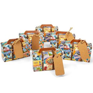 vgoodall 50pcs mini suitcase favor box, scenic spots party favor candy boxes, vintage kraft paper gift box with tags and burlap twine for wedding travel themed party bridal shower decoration