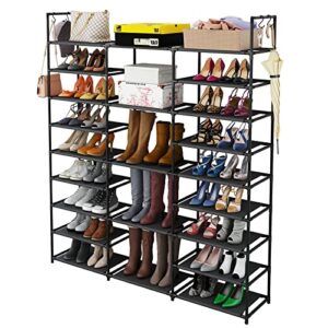kottwca shoe rack organizer, large shoe rack for entryway closet, metal shoe shelf for shoes and boots, big non-woven fabric shoe storage organizer with hooks for cloakroom, black