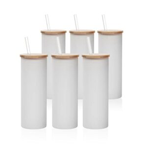 pyd life sublimation blanks glass tumbler skinny straight frosted 17 oz with bamboo lid and glass straw jar tumbler cups mugs for iced coffee,juice,soda,drinks 6 pack