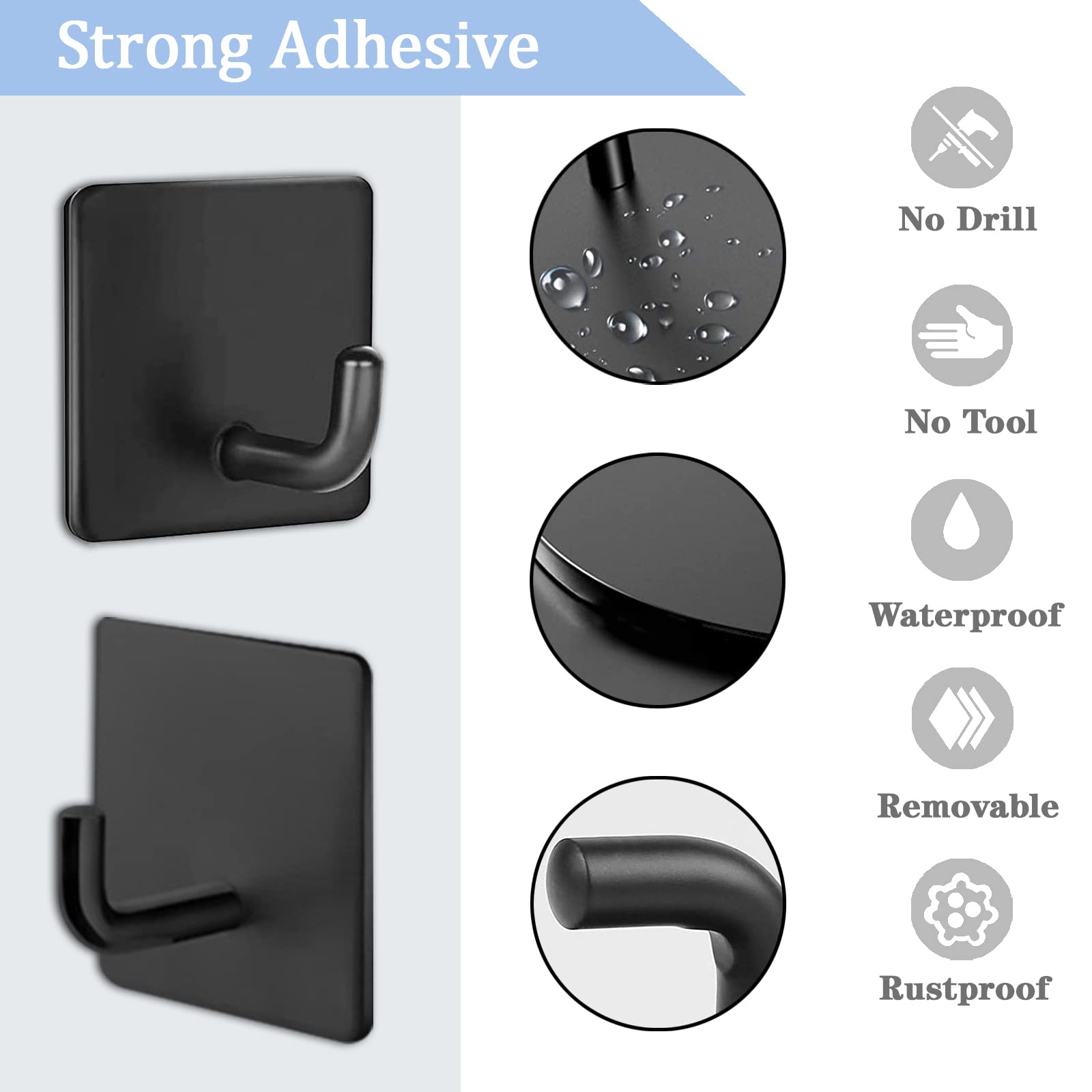 FuriTou 6 Pack Adhesive Hooks for Hanging Towel Hooks for Wall Heavy Duty Door Robe Hooks for Bathrooms Black