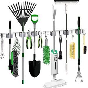 2 packs broom and mop holder wall mounted garage organizer storage tool racks heavy duty stainless steel mop holder 4 hooks 3 clips, holds up to 14 tools for laundry room garden garage closet kitchen