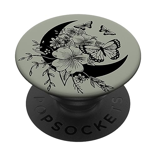 Sage Grey Black Butterfly Crescent Moon Flower PopSockets Swappable PopGrip