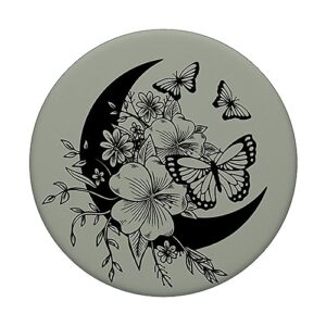 Sage Grey Black Butterfly Crescent Moon Flower PopSockets Swappable PopGrip