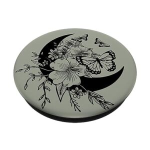 Sage Grey Black Butterfly Crescent Moon Flower PopSockets Swappable PopGrip