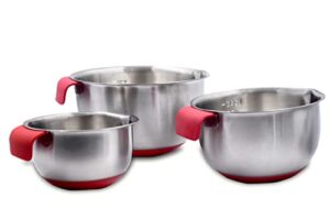 kansara stainless steel mixing bowls, non slip silicone base bowls with handle, mixing bowl set with pour spouts & measurement marks, home essentials cooking bowls (size: 1qt, 2.5qt, 4qt) red color
