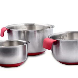 Kansara Stainless Steel Mixing Bowls, Non slip silicone base bowls with Handle, Mixing Bowl Set with Pour Spouts & Measurement Marks, Home Essentials Cooking Bowls (Size: 1QT, 2.5QT, 4QT) Red Color
