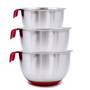 Kansara Stainless Steel Mixing Bowls, Non slip silicone base bowls with Handle, Mixing Bowl Set with Pour Spouts & Measurement Marks, Home Essentials Cooking Bowls (Size: 1QT, 2.5QT, 4QT) Red Color