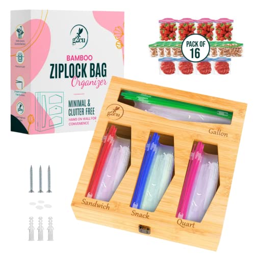 g2cu Bamboo Ziplock Bag Organizer For Kitchen Drawer Includes Set of 16 Food Bags-Wall Mounted Baggie Organizer with Lock-Plastic Bag Holder Dispenser Compatible With Gallon, Sandwich, Snack & Quart