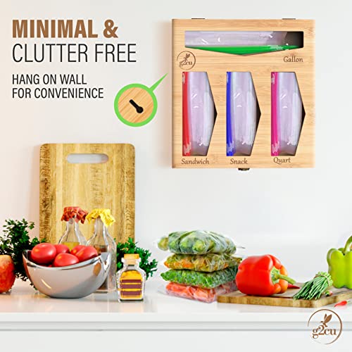 g2cu Bamboo Ziplock Bag Organizer For Kitchen Drawer Includes Set of 16 Food Bags-Wall Mounted Baggie Organizer with Lock-Plastic Bag Holder Dispenser Compatible With Gallon, Sandwich, Snack & Quart