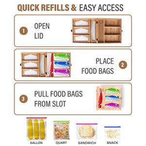 g2cu Bamboo Ziplock Bag Organizer For Kitchen Drawer Includes Set of 16 Food Bags-Wall Mounted Baggie Organizer with Lock-Plastic Bag Holder Dispenser Compatible With Gallon, Sandwich, Snack & Quart