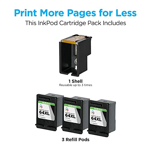 LD InkPods Ink Cartridge Replacement for HP 64XL High Yield (Black, 3-Pack with OEM Printhead) for Envy 6220, 6230, 6232, 6252, 6255, 6258, 7120, 7130, 7132, 7164, 7800, 7820, 7830, 7855, 7858, 7864