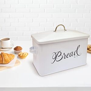 Better Kitchen Products Classic Metal Bread Box with Side Handles, Large Capacity (2 Bread Loaves), Farmhouse Bread Bin for Kitchen Countertop, Steel Bread Storage Container with Lid, White