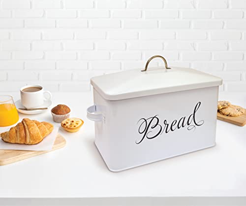 Better Kitchen Products Classic Metal Bread Box with Side Handles, Large Capacity (2 Bread Loaves), Farmhouse Bread Bin for Kitchen Countertop, Steel Bread Storage Container with Lid, White