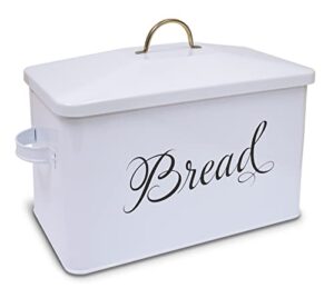 better kitchen products classic metal bread box with side handles, large capacity (2 bread loaves), farmhouse bread bin for kitchen countertop, steel bread storage container with lid, white