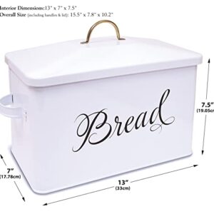 Better Kitchen Products Classic Metal Bread Box with Side Handles, Large Capacity (2 Bread Loaves), Farmhouse Bread Bin for Kitchen Countertop, Steel Bread Storage Container with Lid, White