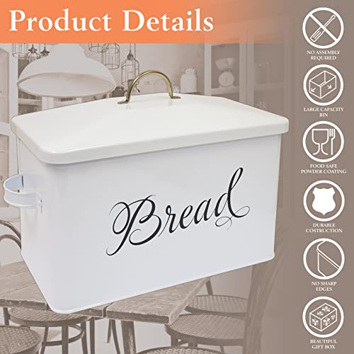 Better Kitchen Products Classic Metal Bread Box with Side Handles, Large Capacity (2 Bread Loaves), Farmhouse Bread Bin for Kitchen Countertop, Steel Bread Storage Container with Lid, White