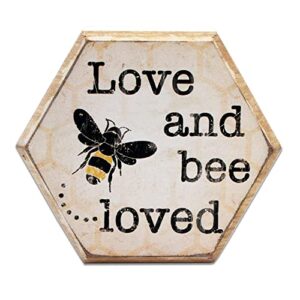 tstarer rustic bee wood hexagon box sign for wall & tabletop - love and bee-loved -6.4 x 5.5 in(bee loved)