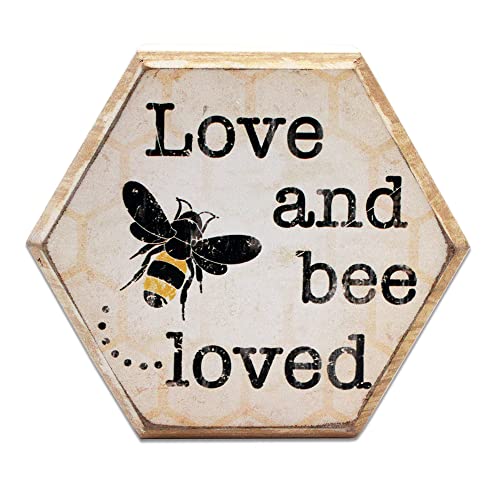 Tstarer Rustic Bee Wood Hexagon Box Sign for Wall & Tabletop - Love and Bee-loved -6.4 x 5.5 in(BEE LOVED)