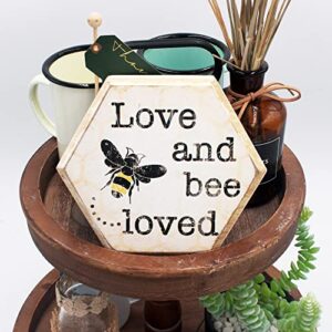 Tstarer Rustic Bee Wood Hexagon Box Sign for Wall & Tabletop - Love and Bee-loved -6.4 x 5.5 in(BEE LOVED)