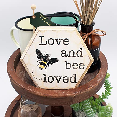 Tstarer Rustic Bee Wood Hexagon Box Sign for Wall & Tabletop - Love and Bee-loved -6.4 x 5.5 in(BEE LOVED)