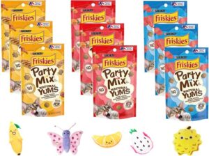 friskies party mix natural yums bundle pack, (3) real chicken, (3) real salmon, (3) real tuna, total (9) 2.1 oz pouches with aurora pet catnip toy (assorted)