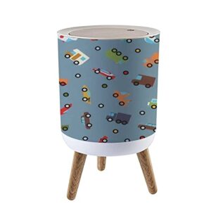 trash can with lid seamless with cars and trucks simple illustrations nursery room press cover small garbage bin round with wooden legs waste basket for bathroom kitchen bedroom 7l/1.8 gallon