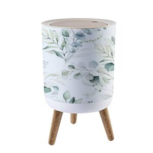 small trash can with lid seamless watercolor floral pattern green leaves and branches garbage bin round waste bin press cover dog proof wastebasket for kitchen bathroom living room 1.8 gallon